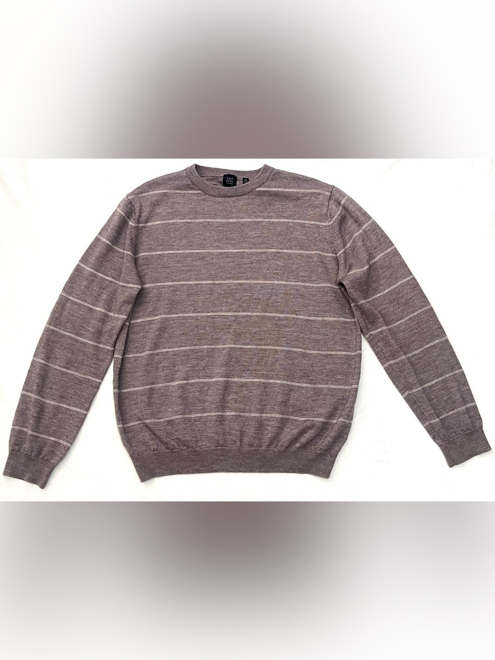 Saks Fifth Avenue Light Brown Striped Crewneck Wool Blend Sweater Women’s XL - Picture 1 of 16